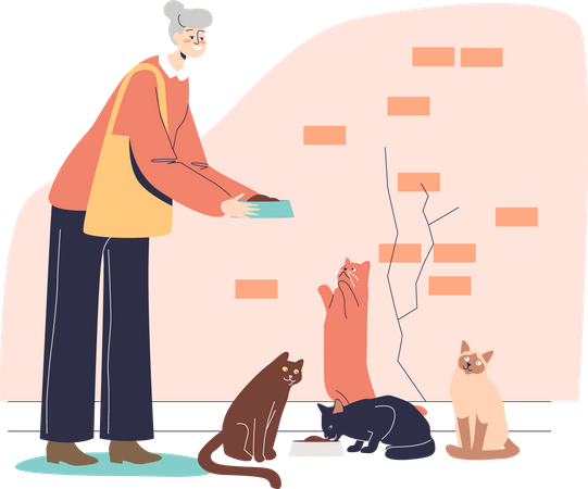 Abuela mayor sosteniendo un plato dando comida para gatos  Ilustración