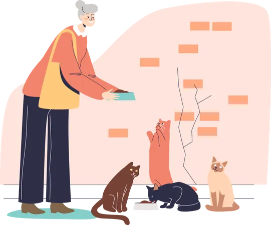 Abuela mayor sosteniendo un plato dando comida para gatos  Ilustración