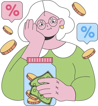 Abuela pensando en ahorros  Ilustración