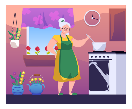 Abuela preparando mermelada o confitura en la cocina  Ilustración
