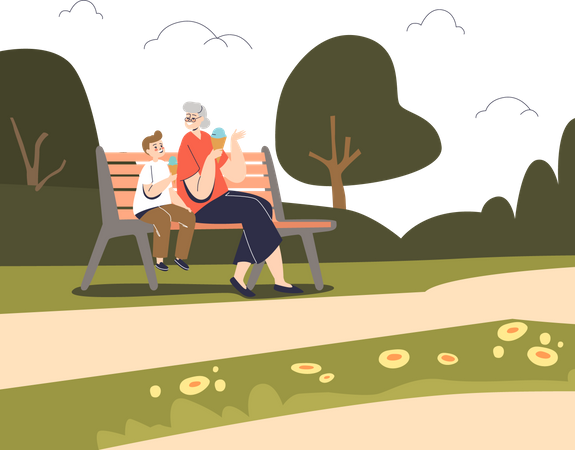 Abuela sentada con un niño en el parque de verano  Ilustración