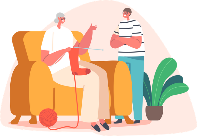 Abuela tejiendo calcetines y hablando con su nieto  Ilustración