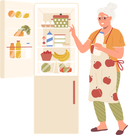 Abuela tomando ingredientes para la preparación de alimentos mirando el refrigerador abierto  Ilustración