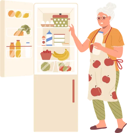 Abuela tomando ingredientes para la preparación de alimentos mirando el refrigerador abierto  Ilustración