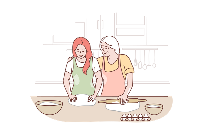 Abuela y nieta cocinando juntas  Ilustración