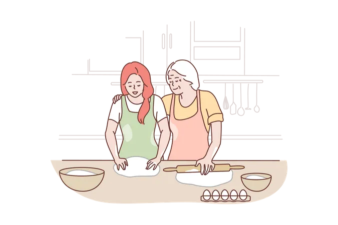 Abuela y nieta cocinando juntas  Ilustración