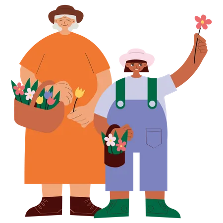 Abuela y nieta con cesta de flores.  Ilustración