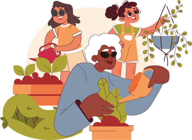 Abuela y nieta cuidando plantas  Ilustración