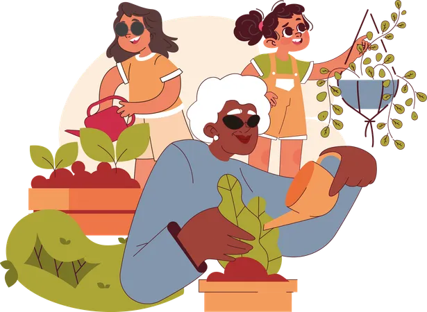 Abuela y nieta cuidando plantas  Ilustración