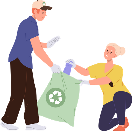 Abuela y nieto adolescente recogiendo residuos plásticos en bolsas ecológicas  Ilustración