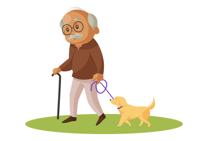 Abuelo caminando en el parque con perro mascota  Ilustración