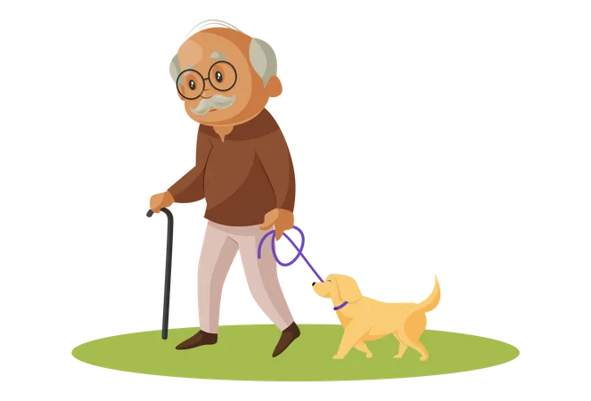 Abuelo caminando en el parque con perro mascota  Ilustración