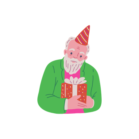 Abuelo con sombrero de fiesta y caja de regalo  Ilustración