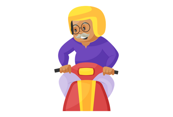 Abuelo conduciendo scooter con casco  Ilustración