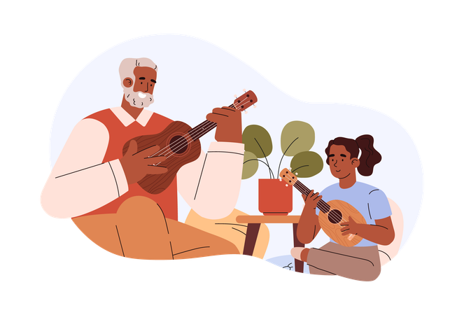 Abuelo feliz enseñando a un niño a tocar el ukelele  Ilustración