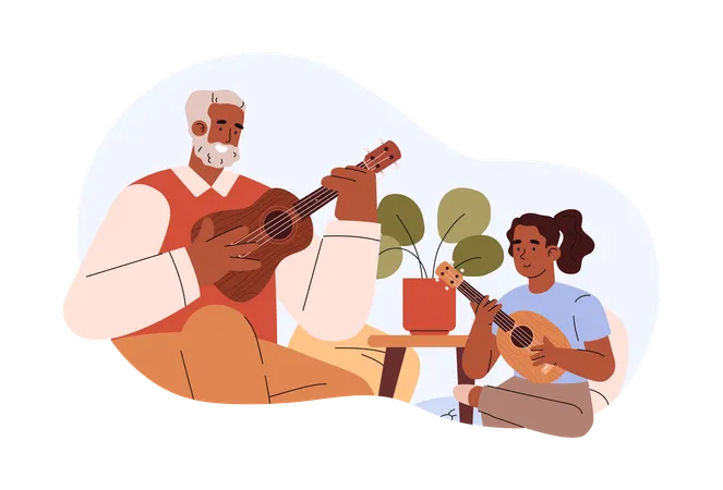 Abuelo feliz enseñando a un niño a tocar el ukelele  Ilustración