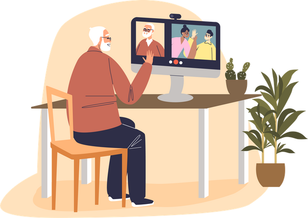 Abuelo hablando con niños en videollamada  Ilustración