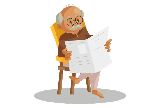 Abuelo leyendo el periódico mientras está sentado en una silla  Ilustración