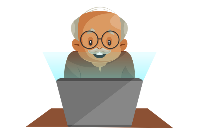 Abuelo operando laptop  Ilustración