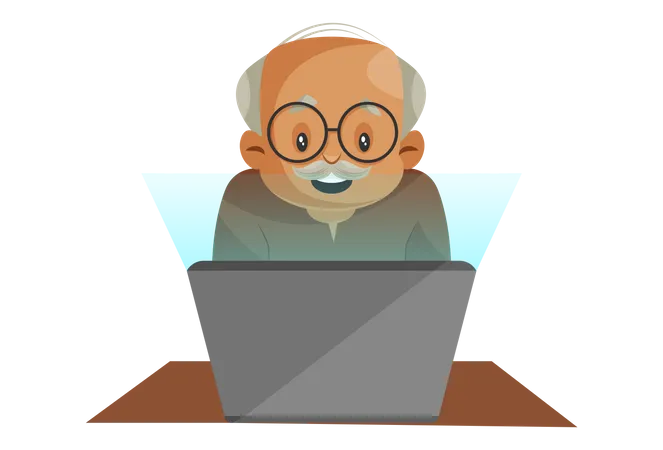 Abuelo operando laptop  Ilustración