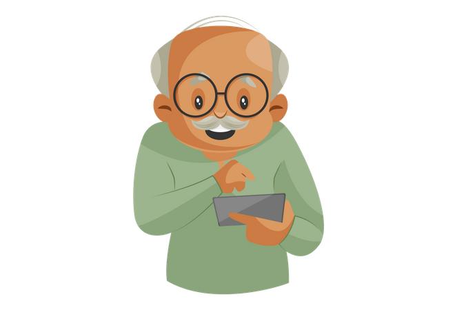 Abuelo operando teléfono inteligente  Ilustración