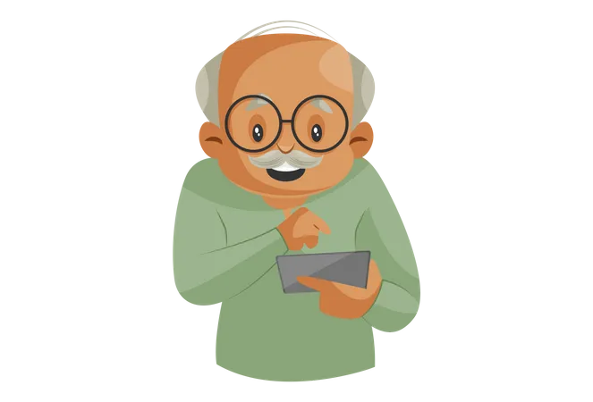 Abuelo operando teléfono inteligente  Ilustración