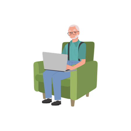 Abuelo usando una computadora portátil en el sofá para navegar en línea  Ilustración