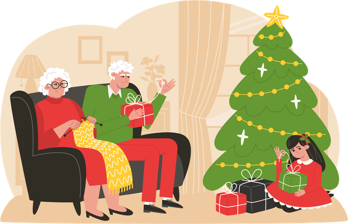 El abuelo y la abuela desempacan los regalos de Navidad con su nieta  Ilustración
