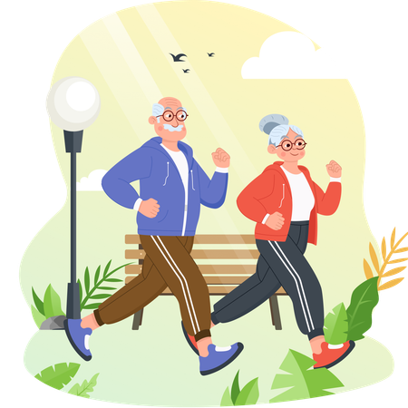 Abuelo y abuela corriendo por la mañana  Ilustración