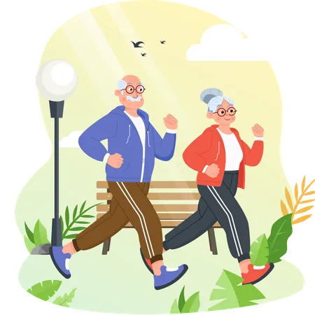 Abuelo y abuela corriendo por la mañana  Ilustración