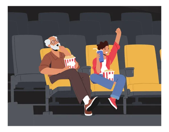 Abuelo y nieto viendo películas en el cine con palomitas de maíz y cola  Ilustración