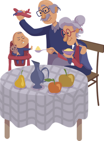 Abuelos alimentando al bebé  Illustration