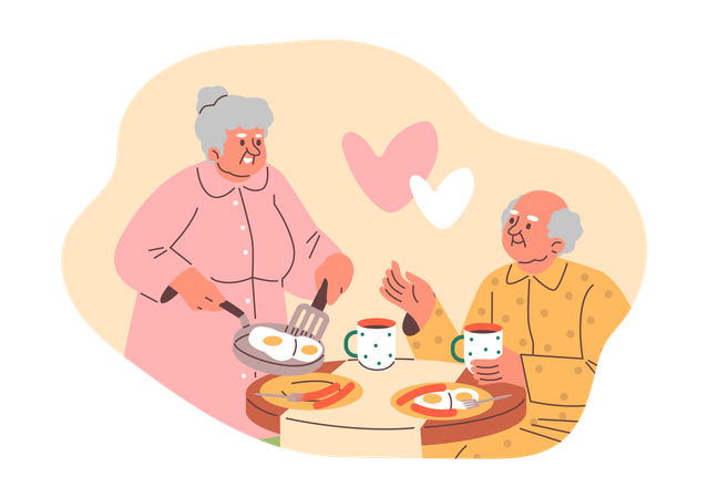 Abuelos disfrutando juntos del desayuno  Ilustración