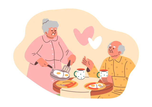 Abuelos disfrutando juntos del desayuno  Ilustración