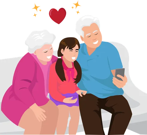 Abuelos tomando fotografías con su nieta felizmente  Ilustración