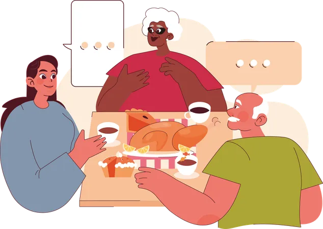 Abuelos y niña comiendo juntos  Ilustración