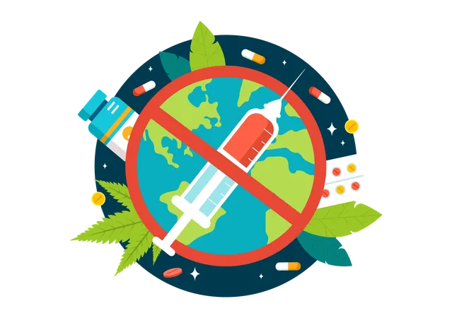 Dia Internacional Contra El Abuso De Drogas Y El Trafico Ilicito Ilustracion Vectorial Con Antinarcoticos Para Evitar Drogas Y Medicamentos En Fondo Plano Ilustración