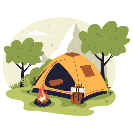Camping al aire libre con tienda de campaña y fogata  Ilustración