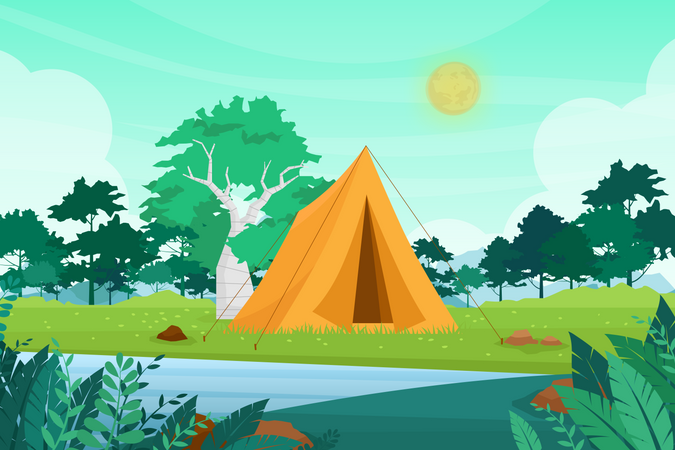 Acampamento de aventura ao ar livre  Ilustração