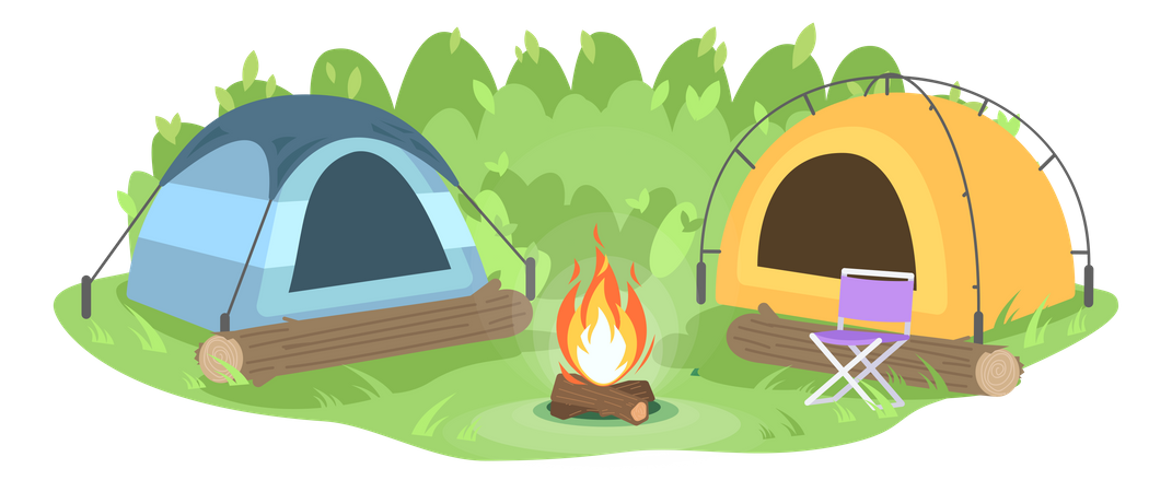 Acampe na floresta com fogueira  Ilustração