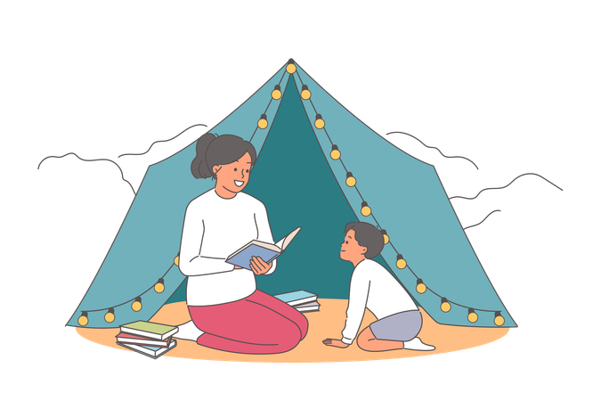 Acampamento para mãe e filha lendo um livro ao ar livre e aproveitando uma viagem ao parque rural juntas  Ilustração