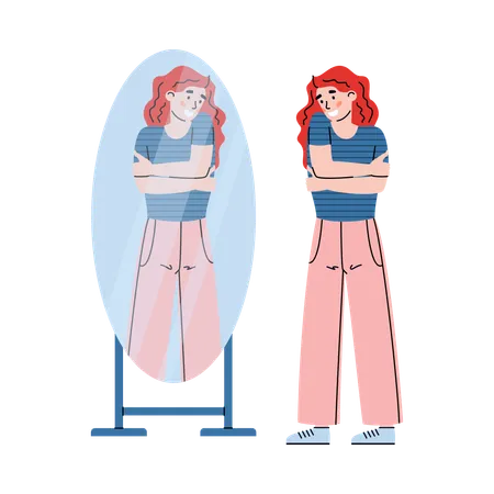 Acceptation de soi positive d'une jeune femme admirant son reflet dans le miroir  Illustration