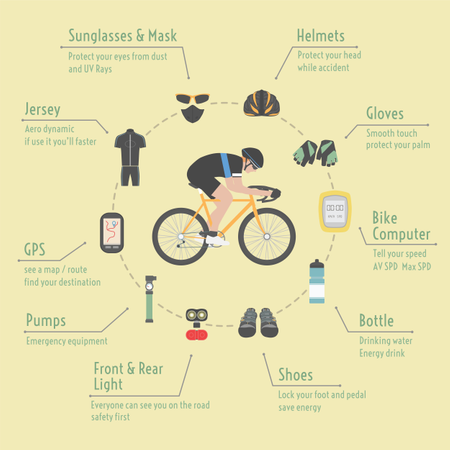 Accesorios para bicicletas, infografía, estilo plano  Ilustración