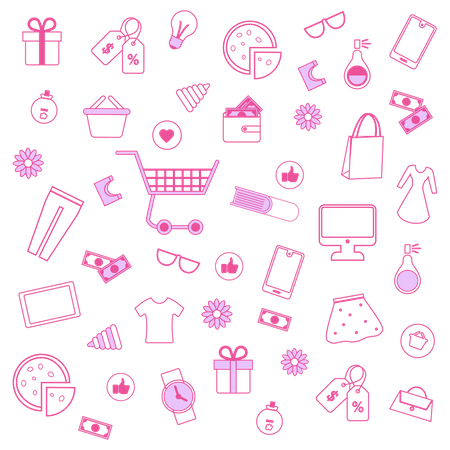 Accesorios para hombres y mujeres de color rosa sobre fondo blanco.  Ilustración