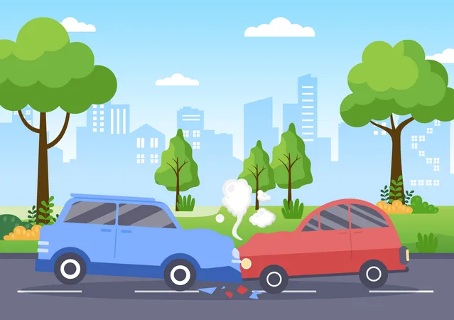 Ilustracion De Fondo De Accidente Automovilistico Con Dos Autos Chocando O Golpeando Algo En La Carretera Causando Danos En Estilo Plano De Dibujos Animados Ilustración
