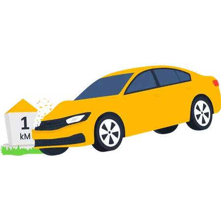 Un coche amarillo se estrella en el marcador de distancia  Illustration