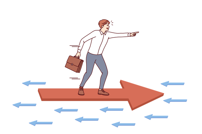 Acciones de oposición de un inversionista que actúa de manera diferente, parado sobre una flecha que vuela en dirección opuesta  Illustration
