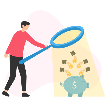 Accountant using magnifying glass analyzing savings investment in piggy bank  Illustration