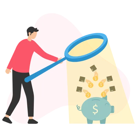 Accountant using magnifying glass analyzing savings investment in piggy bank  Illustration