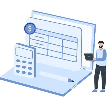 Accountant with Laptop Calculator and Dollar Sign on a Digital Spreadsheet  Illustration